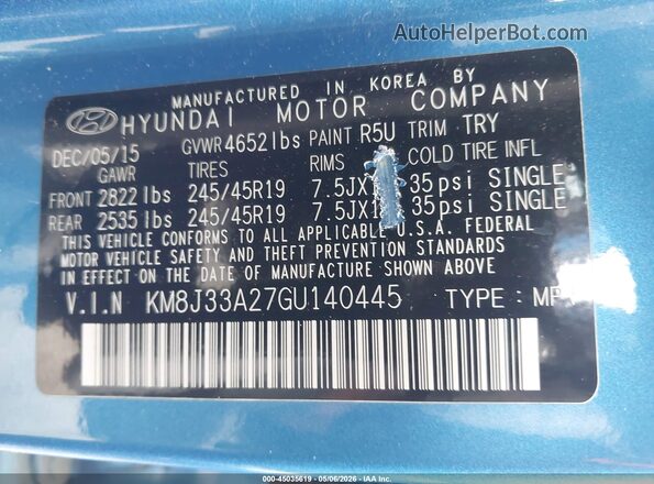 KM8J33A27GU140445 2016 HYUNDAI TUCSON Blue Widok komory silnika