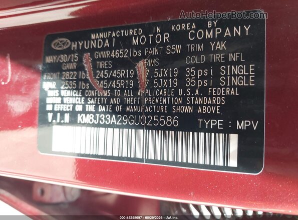 KM8J33A29GU025586 2016 HYUNDAI TUCSON Бордовый 