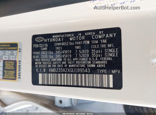 KM8J33A2XGU189543 2016 HYUNDAI TUCSON White Вид підкапотного простору