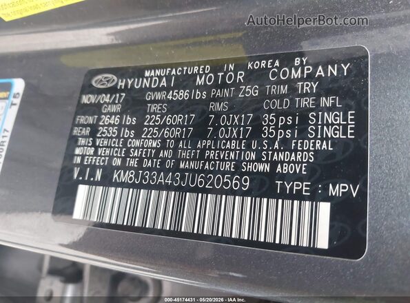 KM8J33A43JU620569 2018 HYUNDAI TUCSON Gray ძრავის განყოფილების ხედი