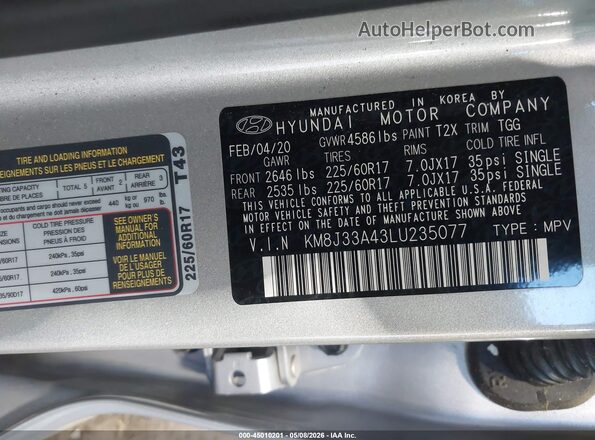 KM8J33A43LU235077 2020 HYUNDAI TUCSON Gray 