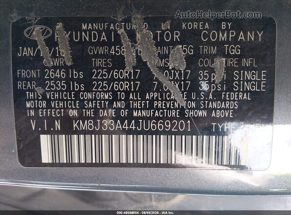 KM8J33A44JU669201 2018 HYUNDAI TUCSON Gray Вид підкапотного простору