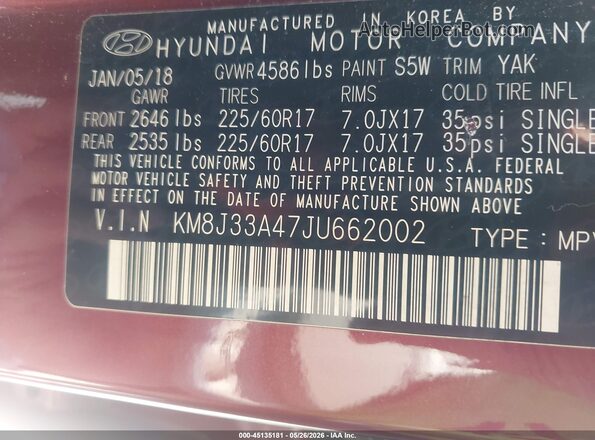 KM8J33A47JU662002 2018 HYUNDAI TUCSON Red Widok komory silnika
