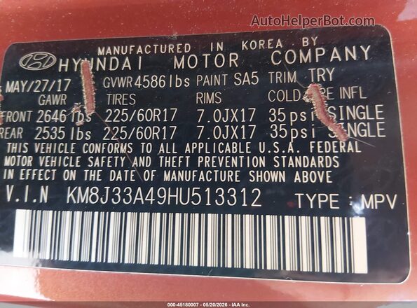 KM8J33A49HU513312 2017 HYUNDAI TUCSON Orange 