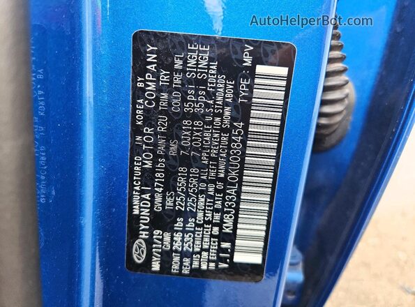 KM8J33AL0KU038454 2019 HYUNDAI TUCSON Blue 