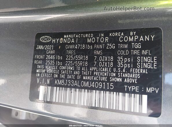KM8J33AL0MU409115 2021 HYUNDAI TUCSON Gray Widok komory silnika