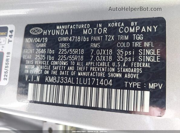 KM8J33AL1LU171404 2020 HYUNDAI TUCSON Silver ძრავის განყოფილების ხედი