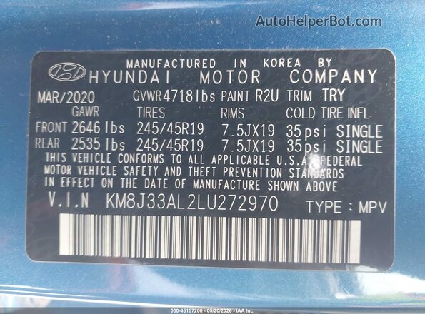 KM8J33AL2LU272970 2020 HYUNDAI TUCSON Blue Engine compartment view