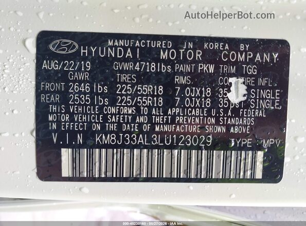 KM8J33AL3LU123029 2020 HYUNDAI TUCSON White ძრავის განყოფილების ხედი