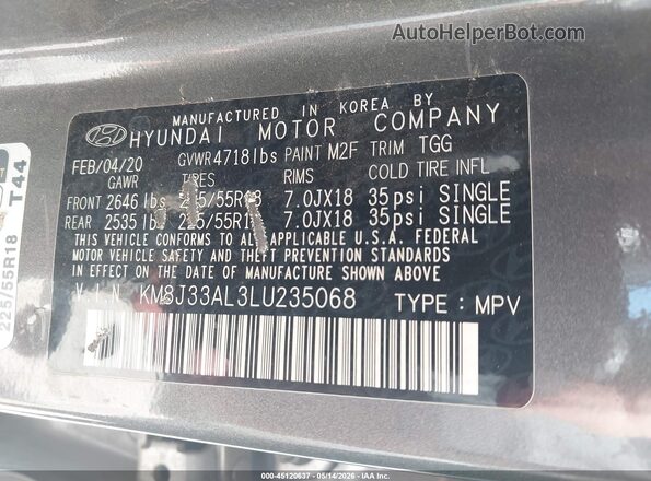 KM8J33AL3LU235068 2020 HYUNDAI TUCSON Gray Вид підкапотного простору