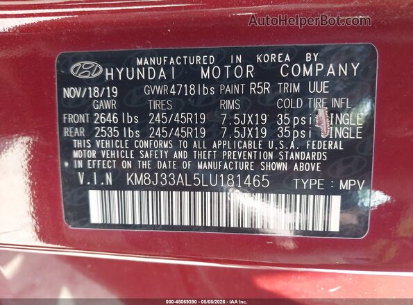 KM8J33AL5LU181465 2020 HYUNDAI TUCSON Red ძრავის განყოფილების ხედი