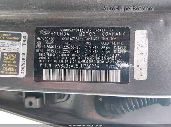 KM8J33AL5LU256259 2020 HYUNDAI TUCSON Gray 