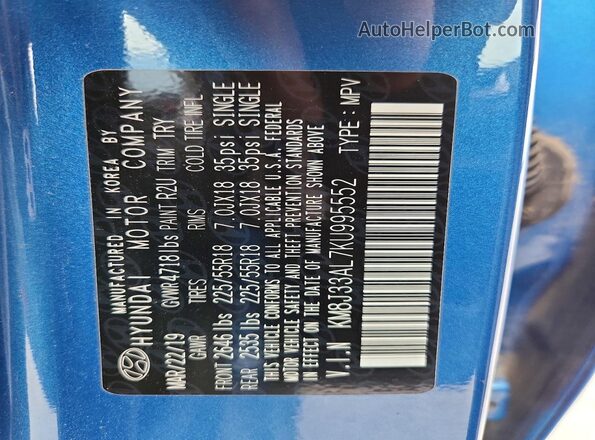 KM8J33AL7KU995552 2019 HYUNDAI TUCSON Blue 