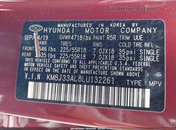 KM8J33AL8LU132261 2020 HYUNDAI TUCSON Burgundy Вид підкапотного простору