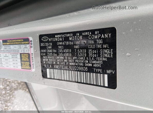 KM8J33AL8LU209808 2020 HYUNDAI TUCSON Silver 