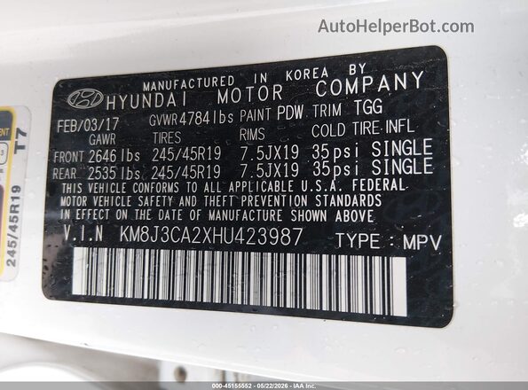 KM8J3CA2XHU423987 2017 HYUNDAI TUCSON White ძრავის განყოფილების ხედი