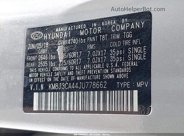 KM8J3CA44JU778662 2018 HYUNDAI TUCSON Серебряный Вид подкапотного пространства