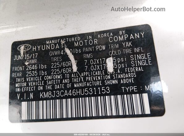 KM8J3CA46HU531153 2017 HYUNDAI TUCSON Белый Вид подкапотного пространства