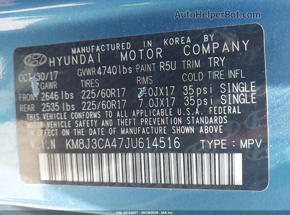 KM8J3CA47JU614516 2018 HYUNDAI TUCSON Blue Vista del compartimento del motor