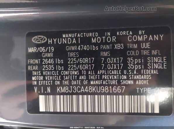 KM8J3CA48KU981667 2019 HYUNDAI TUCSON Black Vista del compartimento del motor