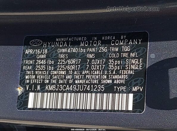 KM8J3CA49JU741235 2018 HYUNDAI TUCSON Light Blue Вид подкапотного пространства