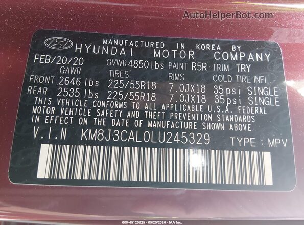 KM8J3CAL0LU245329 2020 HYUNDAI TUCSON Maroon ძრავის განყოფილების ხედი
