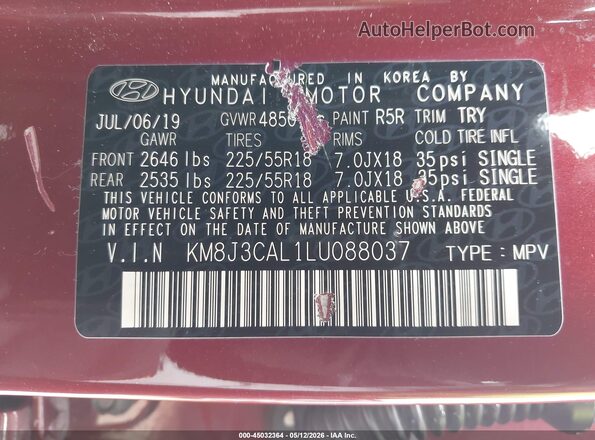 KM8J3CAL1LU088037 2020 HYUNDAI TUCSON Maroon Вид підкапотного простору