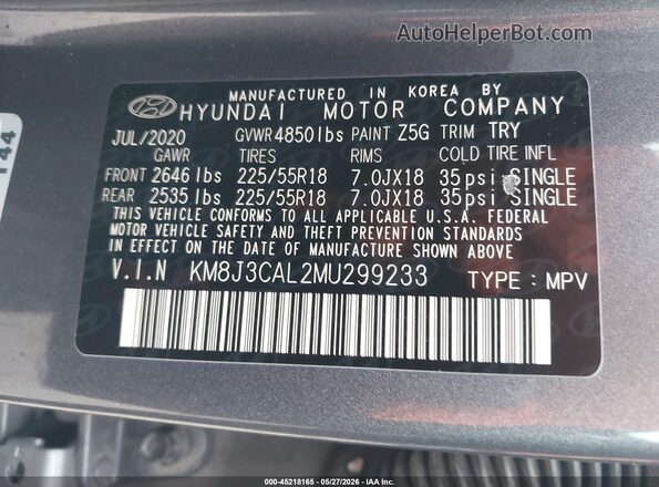 KM8J3CAL2MU299233 2021 HYUNDAI TUCSON Gray 