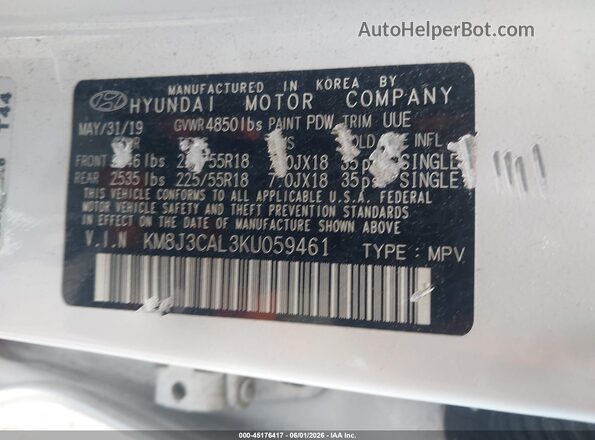 KM8J3CAL3KU059461 2019 HYUNDAI TUCSON White Շարժիչի բաժամունքի տեսք