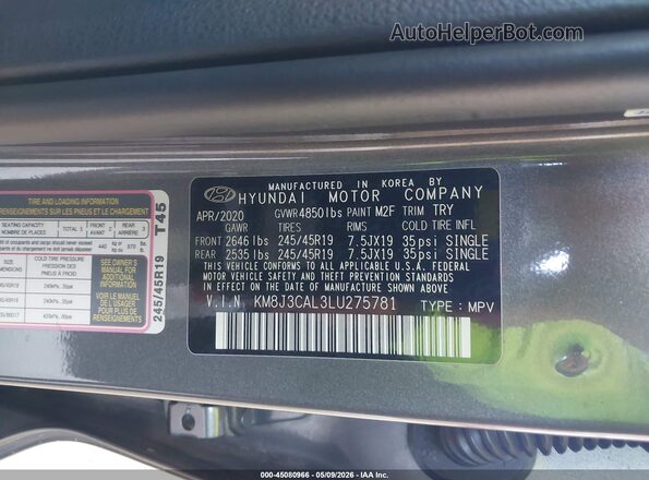 KM8J3CAL3LU275781 2020 HYUNDAI TUCSON Gray 