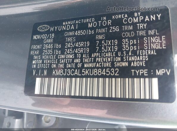 KM8J3CAL5KU884532 2019 HYUNDAI TUCSON Gray 