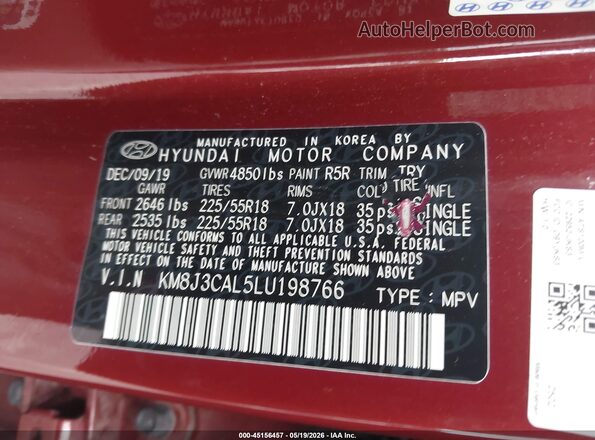 KM8J3CAL5LU198766 2020 HYUNDAI TUCSON Red ძრავის განყოფილების ხედი