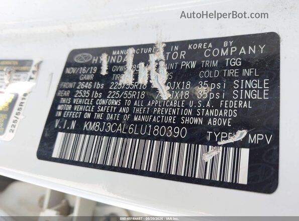 KM8J3CAL6LU180390 2020 HYUNDAI TUCSON White Vista del compartimento del motor