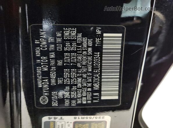 KM8J3CAL6LU203344 2020 HYUNDAI TUCSON Black Widok naklejki z numerem VIN
