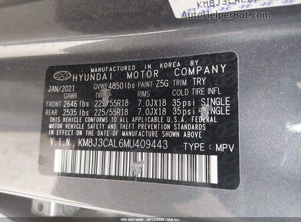 KM8J3CAL6MU409443 2021 HYUNDAI TUCSON Blue Շարժիչի բաժամունքի տեսք