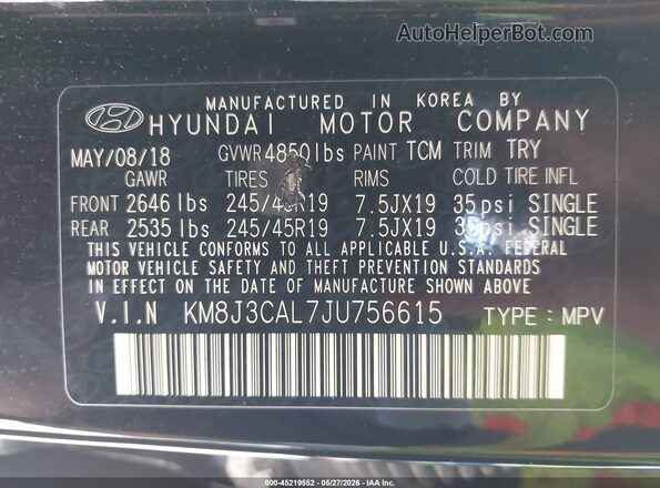 KM8J3CAL7JU756615 2018 HYUNDAI TUCSON Black Вид підкапотного простору