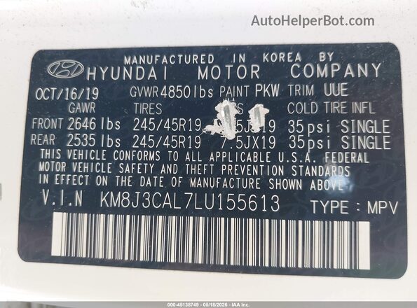 KM8J3CAL7LU155613 2020 HYUNDAI TUCSON White Вид підкапотного простору