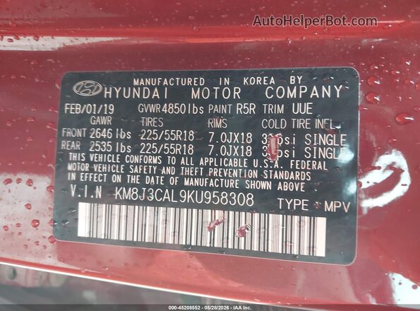 KM8J3CAL9KU958308 2019 HYUNDAI TUCSON Темно-бордовый Вид подкапотного пространства