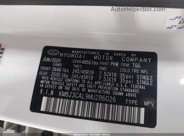 KM8J3CAL9MU286026 2021 HYUNDAI TUCSON Белый Вид подкапотного пространства