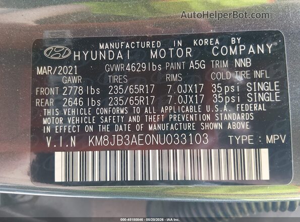 KM8JB3AE0NU033103 2022 HYUNDAI TUCSON Gray 