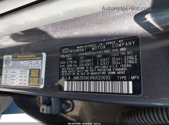 KM8JB3AE4NU020693 2022 HYUNDAI TUCSON Gray 