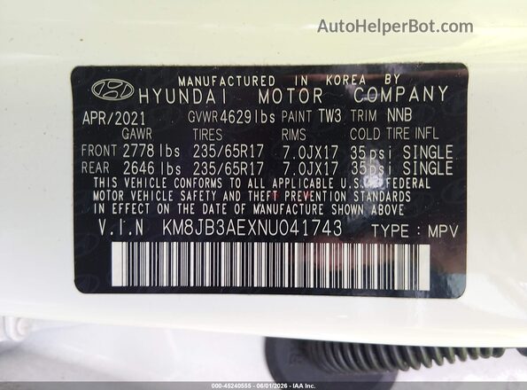 KM8JB3AEXNU041743 2022 HYUNDAI TUCSON White Engine compartment view