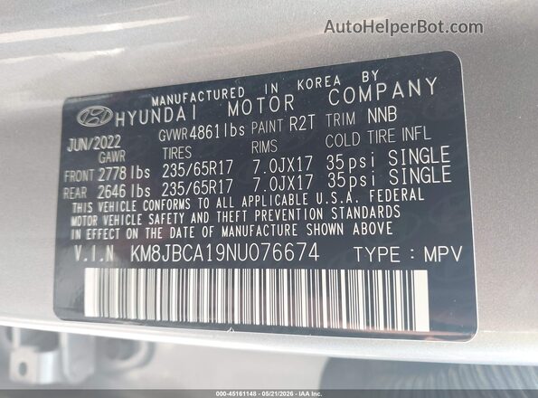 KM8JBCA19NU076674 2022 HYUNDAI TUCSON HYBRID Silver Вид підкапотного простору