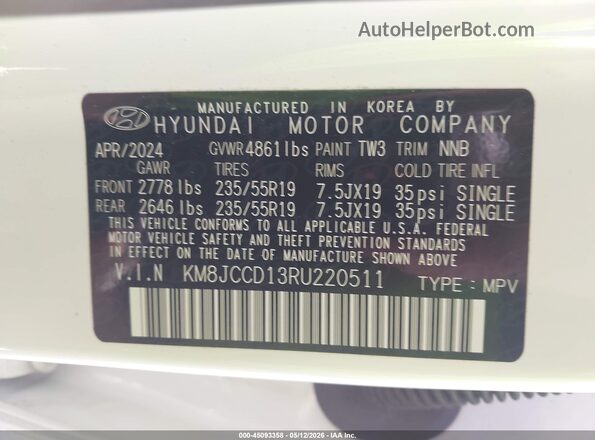 KM8JCCD13RU220511 2024 HYUNDAI TUCSON HYBRID White ძრავის განყოფილების ხედი
