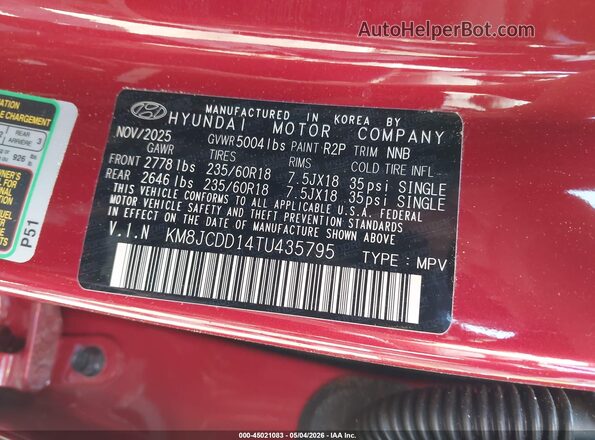 KM8JCDD14TU435795 2026 HYUNDAI TUCSON Red Շարժիչի բաժամունքի տեսք