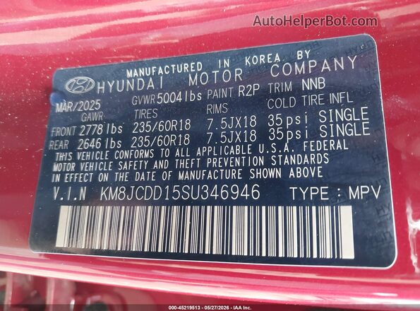 KM8JCDD15SU346946 2025 HYUNDAI TUCSON HYBRID Red Widok komory silnika