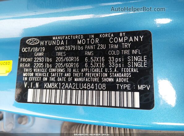 KM8K12AA2LU484108 2020 HYUNDAI KONA Blue Widok komory silnika