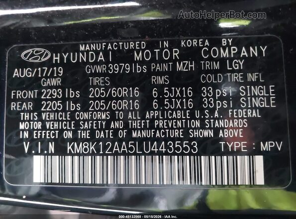 KM8K12AA5LU443553 2020 HYUNDAI KONA Black Вид підкапотного простору