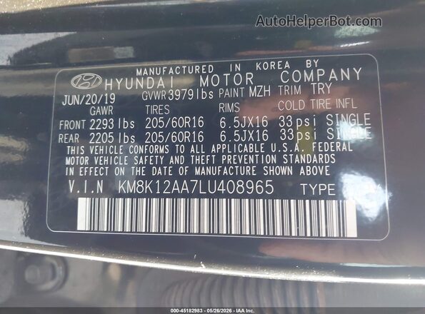 KM8K12AA7LU408965 2020 HYUNDAI KONA Black Շարժիչի բաժամունքի տեսք