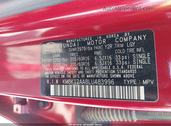 KM8K12AA8LU483996 2020 HYUNDAI KONA Red Vista del compartimento del motor